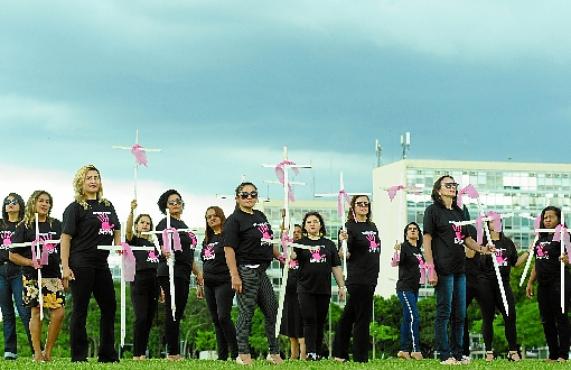 O gramado da Esplanada dos Ministérios amanhece hoje com com 1.206 cruzes fincadas na grama. Segundo o grupo de mulheres responsável pelo ato, cada uma representa uma vítima de feminicídio no país em 2018 (Carlos Vieira/CB/D.A Press)