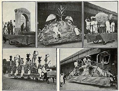 Carros alegóricos fazem referência à gripe espanhola, no carnaval carioca de 1919 (Careta/Biblioteca Nacional)