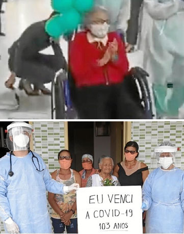 No Distrito Federal, a professora Elinete Miller, 83 anos, deixou o Hospital Brasília, no Lago Sul, sob aplausos da equipe médica. Ela passou 40 dias internada por causa da covid-19, sendo 20 na UTI. Em Sergipe, Josefa Maria de Jesus venceu a doença aos 103 anos.  (Reprodução/Hospital Brasilia - Reprodução vídeo/Facebook/Prefeitura de Simão Dias)