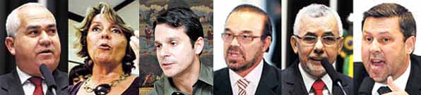 Policarpo (PT-DF) / Erica Kokay (PT-DF) / Reguffe (PDT-DF) / Lincoln Portela  (PR-MG) / Severino Ninho (PSB-PE) / Carlos Sampaio (PSDB-SP). Em Bras�lia, sob forte press�o da sociedade, os distritais extinguiram a benesse. No Senado, o enterro do pagamento foi decidido por unanimidade. Agora, cabe � C�mara dos Deputados p�r um fim ao acintoso privil�gio e ajudar o Brasil a economizar R$ 31,7 milh�es anuais. Hoje, dos 513 deputados federais, apenas seis tomaram a iniciativa de n�o receber os sal�rios extras %u2014 e, por isso, s�o at� malvistos por colegas. Mas h� esperan�a: o l�der do PMDB na Casa, Bruno Ara�jo (PE), disse que a bancada do partido vai se posicionar contra a regalia. E voc�, leitor, acha justo os trabalhadores brasileiros bancarem uma mordomia � qual n�o fazem jus? Entre no site www.correiobraziliense.com.br e participe da enquete: voc� acredita que os deputados aprovar�o o fim do 14� e do 15� sal�rios? (Leonardo Prado/Ag�ncia C�mara - Daniel Ferreira/CB/D.A Press - Oswaldo Reis/Esp. CB/D.A Press - Ronaldo de Oliveira/CB/D.A Press - Beto Oliveira/Ag�ncia C�mara - Paulo de Ara�jo/CB/D.A Press)