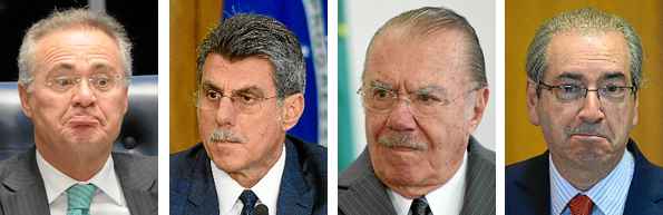 A nova investida do procurador-geral da República tem como alvo quatro caciques do PMDB: o presidente do Senado, Renan Calheiros, o senador Romero Jucá, o ex-presidente José Sarney e o presidente afastado da Câmara, Eduardo Cunha (fotos à esquerda). Rodrigo Janot pediu a prisão deles ao ministro Teori Zavascki, relator do petrolão no STF. Renan, Jucá e Sarney são acusados de agir para barrar investigações sobre o bilionário esquema de corrupção na Petrobras, que envolve PMDB, PT e PP. Cunha, de obstruir o processo contra ele no Conselho de Ética da Câmara. Em notas, os quatro líderes peemedebistas rebateram as acusações. Sarney, para quem Janot pediu prisão domiciliar e tornozeleira eletrônica, se disse %u201Cperplexo, indignado e revoltado%u201D. Não há prazo para a decisão de Teori. O mais provável é que ele leve o caso para o plenário da Corte. O ministro Gilmar Mendes considerou o vazamento do pedido de prisão %u201Cuma brincadeira com o Supremo%u201D. (Carlos Moura/CB/D.A Press - Ed Alves/CB/D.A Press - Evaristo Sá/AFP - Andressa Anholete/AFP)