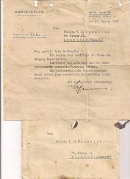 Carta em nome de Hitler enviada ao Paraguai, em 1939, na qual se nega um pedido a uma senhora de nome Felícia, cuja petição é desconhecida. A carta atesta a comunicação entre Hitler e o país latino.   (Abel Basti/Divulgação)