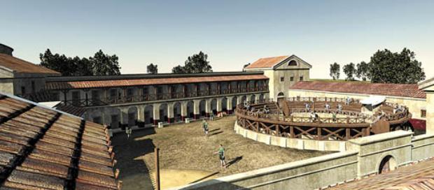 Uma das projeções da antiga escola de gladiadores descoberta na Áustria com a ajuda das novas tecnologias: reconstituição detalhada