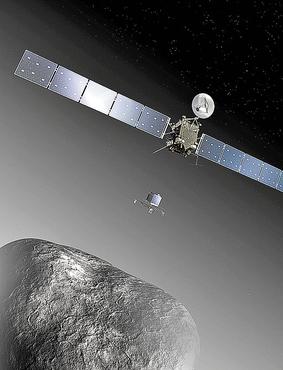 Ilustração mostra a aproximação entre o 67P e a sonda Rosetta (E), que já produziu imagens detalhadas da superfície do cometa (D) (European Space Agency-C. Carreau/ATG medialab/Reuters - 20/1/14)